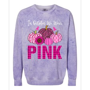 In October We Wear Pink Ribbon Leopard Pumpkin Breast Cancer Colorblast Crewneck Sweatshirt