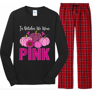 In October We Wear Pink Ribbon Leopard Pumpkin Breast Cancer Long Sleeve Pajama Set