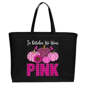 In October We Wear Pink Ribbon Leopard Pumpkin Breast Cancer Cotton Canvas Jumbo Tote