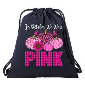 In October We Wear Pink Ribbon Leopard Pumpkin Breast Cancer Drawstring Bag