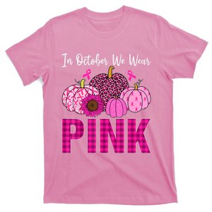 In October We Wear Pink Ribbon Leopard Pumpkin Breast Cancer T-Shirt