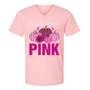 In October We Wear Pink Ribbon Leopard Pumpkin Breast Cancer V-Neck T-Shirt