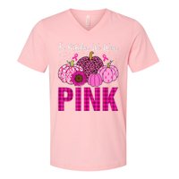 In October We Wear Pink Ribbon Leopard Pumpkin Breast Cancer V-Neck T-Shirt