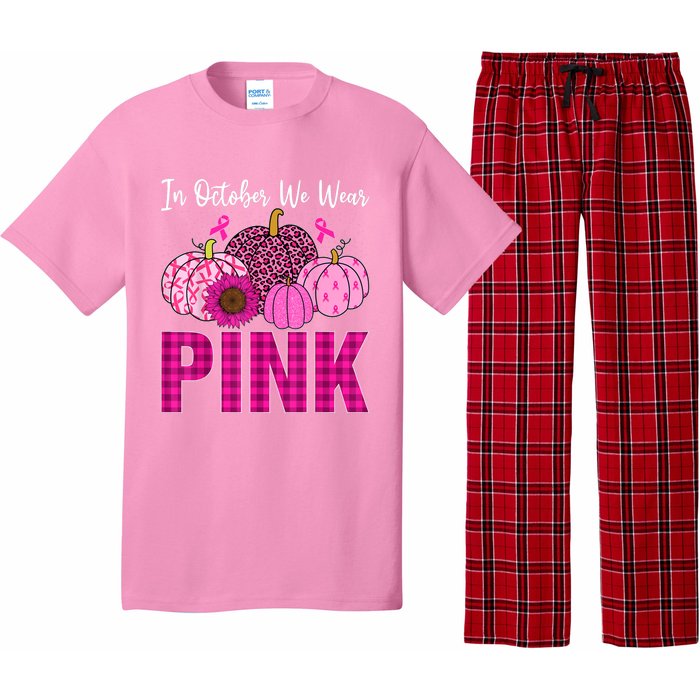 In October We Wear Pink Ribbon Leopard Pumpkin Breast Cancer Pajama Set