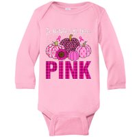 In October We Wear Pink Ribbon Leopard Pumpkin Breast Cancer Baby Long Sleeve Bodysuit