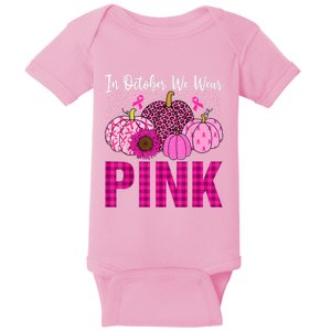 In October We Wear Pink Ribbon Leopard Pumpkin Breast Cancer Baby Bodysuit