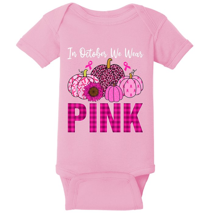 In October We Wear Pink Ribbon Leopard Pumpkin Breast Cancer Baby Bodysuit