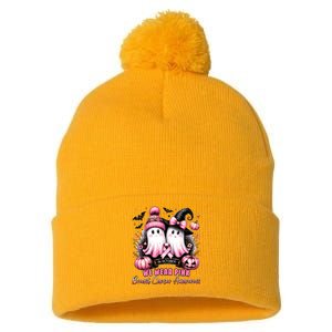 In October We Wear Pink_ Ghost Witch Breast Cancer Awareness Pom Pom 12in Knit Beanie