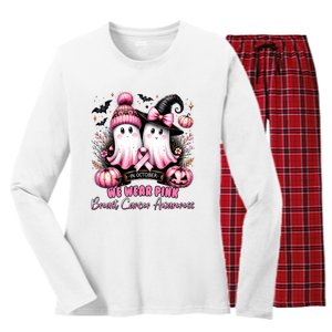 In October We Wear Pink_ Ghost Witch Breast Cancer Awareness Women's Long Sleeve Flannel Pajama Set 