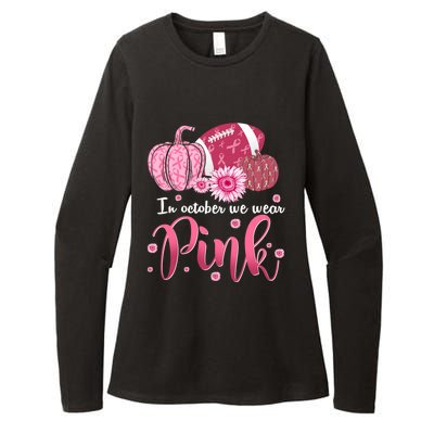 In October We Wear Pink Pumpkins Football Breast Cancer Cute Gift Womens CVC Long Sleeve Shirt