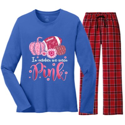 In October We Wear Pink Pumpkins Football Breast Cancer Cute Gift Women's Long Sleeve Flannel Pajama Set 