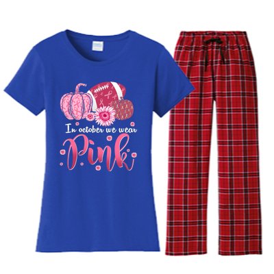 In October We Wear Pink Pumpkins Football Breast Cancer Cute Gift Women's Flannel Pajama Set