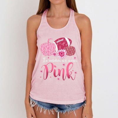 In October We Wear Pink Pumpkins Football Breast Cancer Cute Gift Women's Knotted Racerback Tank