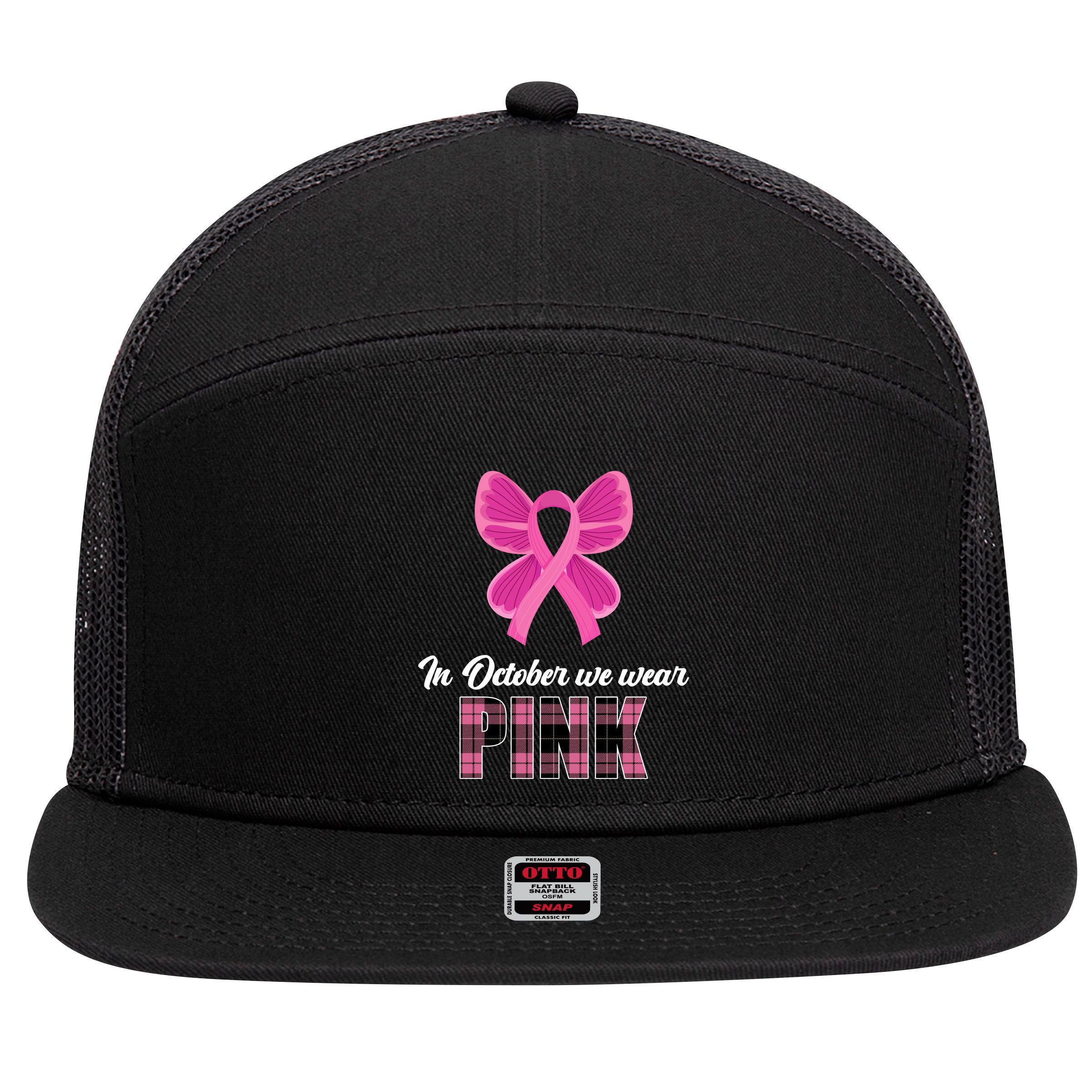 In October We Wear Pink Plaid Ribbon 7 Panel Mesh Trucker Snapback Hat