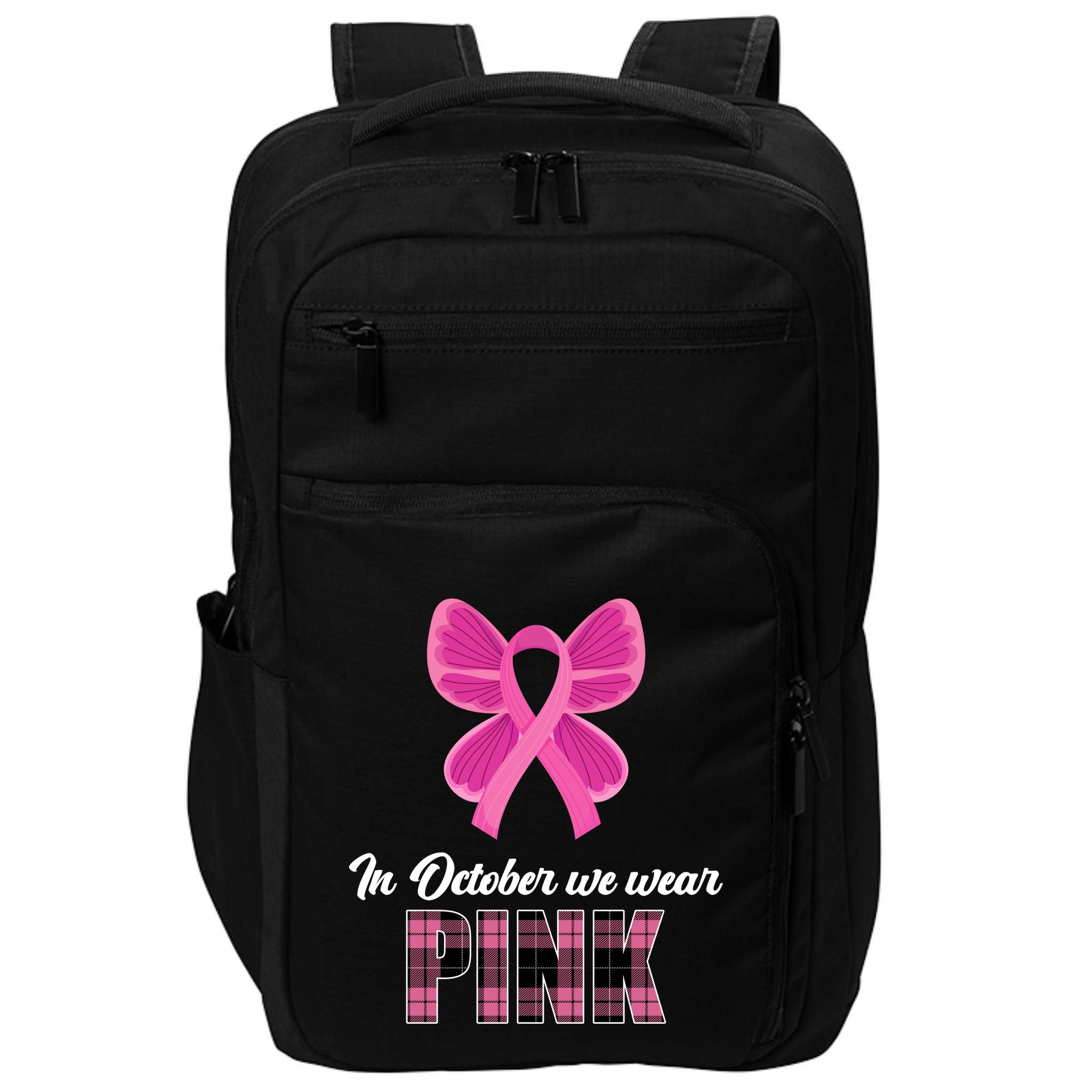 In October We Wear Pink Plaid Ribbon Impact Tech Backpack