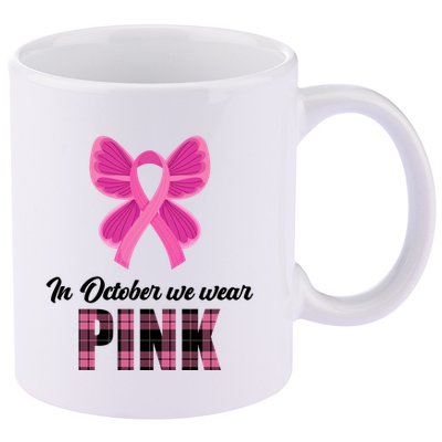 In October We Wear Pink Plaid Ribbon 11oz C Handle Ceramic Mug