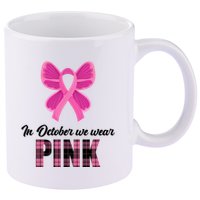 In October We Wear Pink Plaid Ribbon 11oz C Handle Ceramic Mug