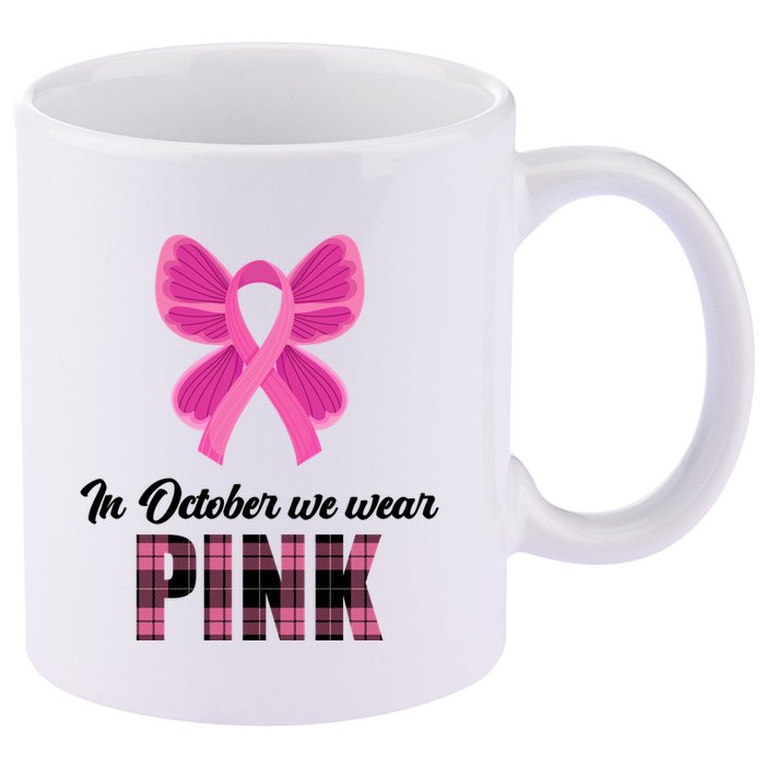 In October We Wear Pink Plaid Ribbon 11oz C Handle Ceramic Mug