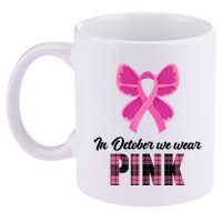 In October We Wear Pink Plaid Ribbon 11oz C Handle Ceramic Mug