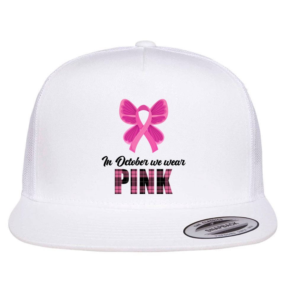 In October We Wear Pink Plaid Ribbon Flat Bill Trucker Hat