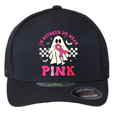 In October We Wear Breast Cancer Groovy Ghost Halloween Flexfit Unipanel Trucker Cap