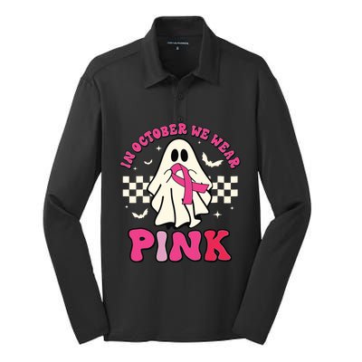 In October We Wear Breast Cancer Groovy Ghost Halloween Silk Touch Performance Long Sleeve Polo