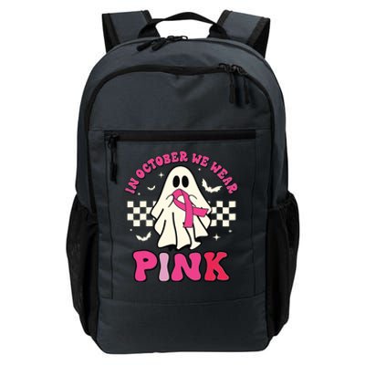 In October We Wear Breast Cancer Groovy Ghost Halloween Daily Commute Backpack