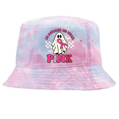 In October We Wear Breast Cancer Groovy Ghost Halloween Tie-Dyed Bucket Hat