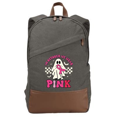 In October We Wear Breast Cancer Groovy Ghost Halloween Cotton Canvas Backpack