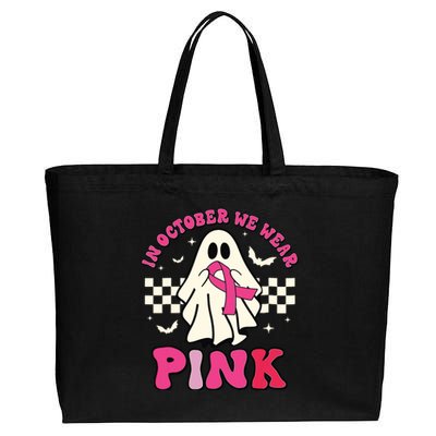 In October We Wear Breast Cancer Groovy Ghost Halloween Cotton Canvas Jumbo Tote