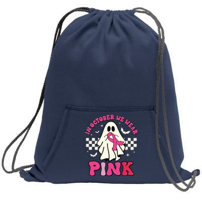 In October We Wear Breast Cancer Groovy Ghost Halloween Sweatshirt Cinch Pack Bag