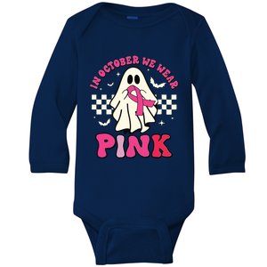 In October We Wear Breast Cancer Groovy Ghost Halloween Baby Long Sleeve Bodysuit