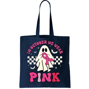 In October We Wear Breast Cancer Groovy Ghost Halloween Tote Bag