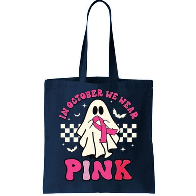 In October We Wear Breast Cancer Groovy Ghost Halloween Tote Bag