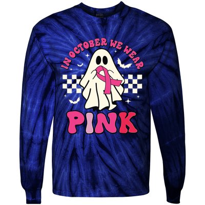 In October We Wear Breast Cancer Groovy Ghost Halloween Tie-Dye Long Sleeve Shirt