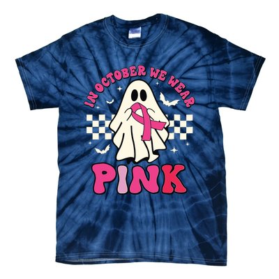 In October We Wear Breast Cancer Groovy Ghost Halloween Tie-Dye T-Shirt