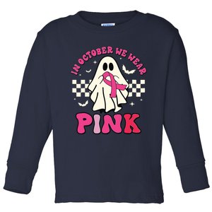 In October We Wear Breast Cancer Groovy Ghost Halloween Toddler Long Sleeve Shirt