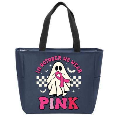 In October We Wear Breast Cancer Groovy Ghost Halloween Zip Tote Bag