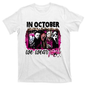 In October We Wear Pink Horror Movie Halloween Breast Cancer T-Shirt