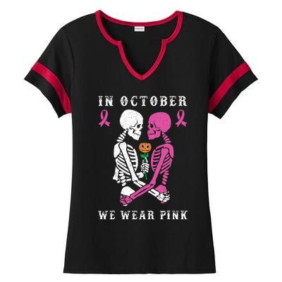 In October We Wear Pink Skeleton Halloween Breast Cancer Ladies Halftime Notch Neck Tee