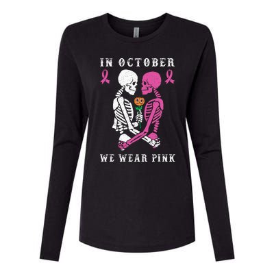 In October We Wear Pink Skeleton Halloween Breast Cancer Womens Cotton Relaxed Long Sleeve T-Shirt