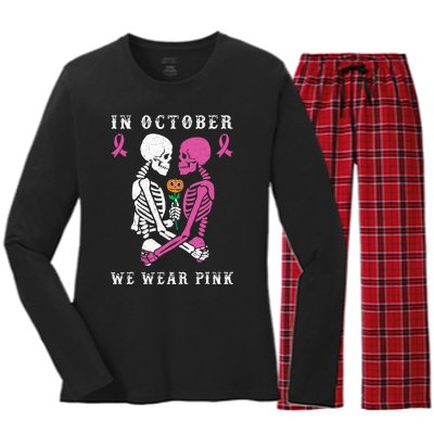 In October We Wear Pink Skeleton Halloween Breast Cancer Women's Long Sleeve Flannel Pajama Set 