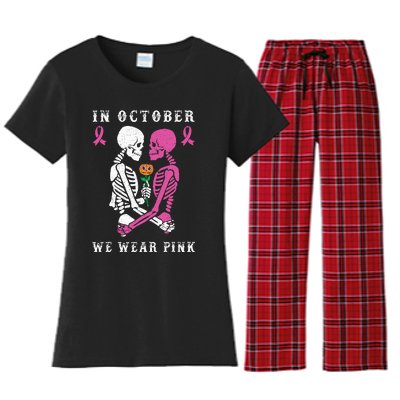 In October We Wear Pink Skeleton Halloween Breast Cancer Women's Flannel Pajama Set