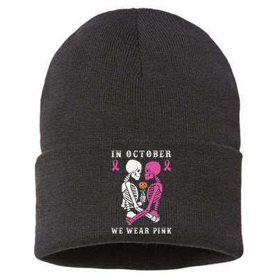 In October We Wear Pink Skeleton Halloween Breast Cancer Sustainable Knit Beanie