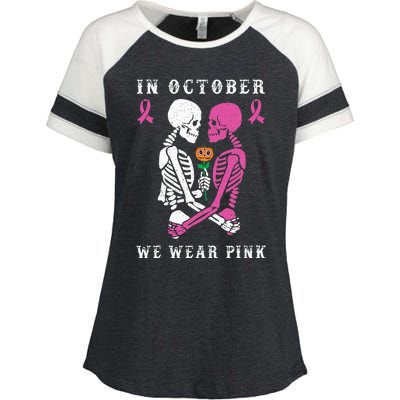 In October We Wear Pink Skeleton Halloween Breast Cancer Enza Ladies Jersey Colorblock Tee