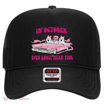 In October We Wear Pin.K Breast Cancer Women Ghost Halloween High Crown Mesh Back Trucker Hat