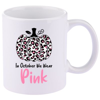 In October We Wear Pink Cheetah Pumpkin Breast Cancer 11oz C Handle Ceramic Mug