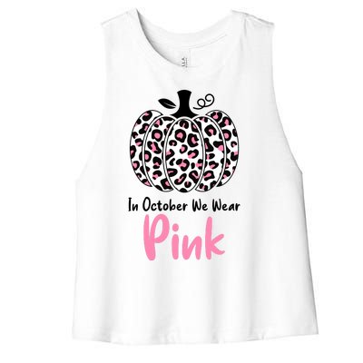 In October We Wear Pink Cheetah Pumpkin Breast Cancer Women's Racerback Cropped Tank