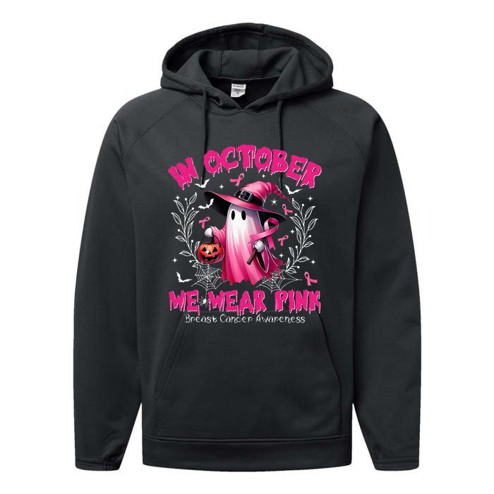 In October We Wear Ghost Witch Breast Cancer Awareness Performance Fleece Hoodie