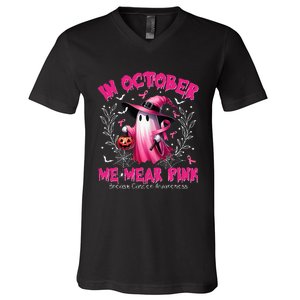 In October We Wear Ghost Witch Breast Cancer Awareness V-Neck T-Shirt